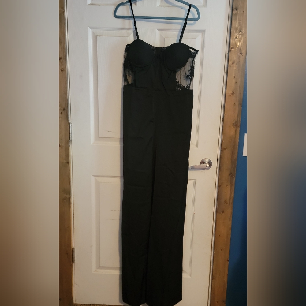 Boohoo Occassion Contrast Lace Corset Wide Leg Jumpsuit Black Size 12